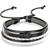 Heren armband Leer Zwart Wit Verstelbaar Touw Multi armband - thumbnail