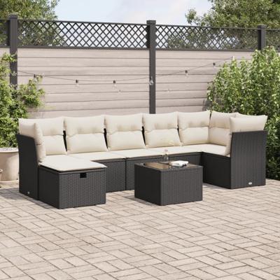 7-delige Loungeset met kussens poly rattan zwart