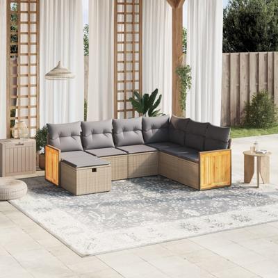 7-delige Loungeset met kussens poly rattan gemengd beige