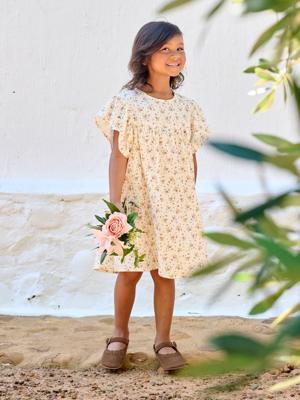 Jurk met bloemenprint van katoenen gaas vanille