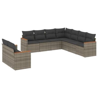 9-delige Loungeset met kussens poly rattan grijs