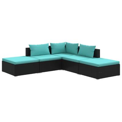 5-delige Loungeset met kussens poly rattan zwart - thumbnail