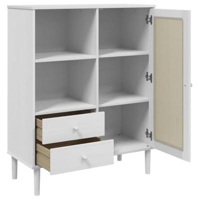 Hoge kast SENJA rattan-look 90x40x112 cm massief grenenhout wit