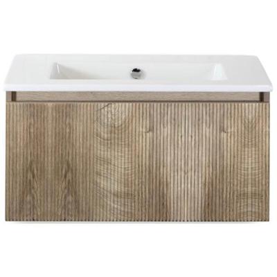 Frozen 3D Badmeubelset 80 cm - Greeplijst in Kleur - Grain Oak - Keramische Wastafel Wit Zonder Kraangat