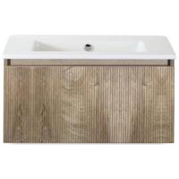 Frozen 3D Badmeubelset 80 cm - Greeplijst in Kleur - Grain Oak - Keramische Wastafel Wit Zonder Kraangat - thumbnail