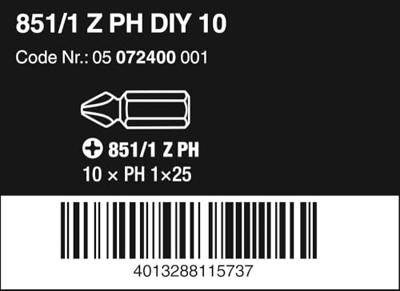 Wera 851/1 Z DIY SiS 05072400001 Kruis-bit PH 1 Gereedschapsstaal Gelegeerd, Taai D 6.3 10 stuk(s)