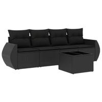 5-delige Loungeset met kussens poly rattan zwart - thumbnail