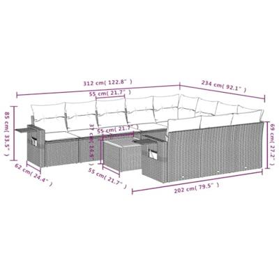 11-delige Loungeset met kussens poly rattan grijs