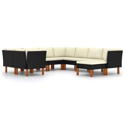 9-delige Loungeset met kussens poly rattan zwart