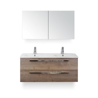 Seville Badmeubelset 120 cm - 2 laden Tabacco - Wastafel Enjoy Dubbel - met Spiegelkast