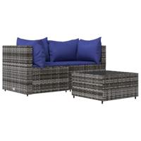 3-delige Loungeset met kussens poly rattan grijs - thumbnail