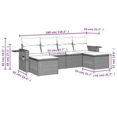 6-delige Loungeset met kussens poly rattan bruin - thumbnail