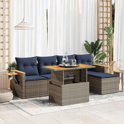 6-delige Loungeset met kussens poly rattan acacia grijs