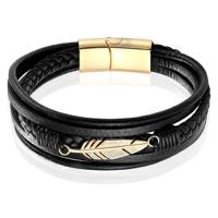 Mendes Jewelry Heren Armband - Stoer Zwart Leder met Bladvormige Stalen Bedel - Goud-23cm - thumbnail