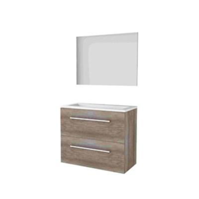 Basic-Line Basic 39 Badkamermeubelset - Ondiep - 80 x 39 cm - Met Grepen - 2 Lades - Acryl Wastafel - 1 Kraangat - Spiegel - Scotch Oak