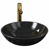 VidaXL Wastafel met kraan en pop-up afvoer gehard glas zwart - thumbnail