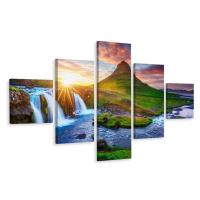 Schilderij - Waterval en zonsondergang, 5luik, premium print