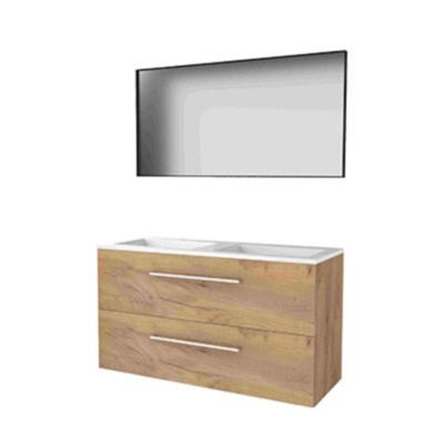 Basic-Line Framed 46 Badkamermeubelset - 120 x 46 cm - Met Grepen - 2 Lades - Acryl Wastafel - Zonder Kraangat - Spiegel met Zwart Aluminium Frame - Whisky Oak