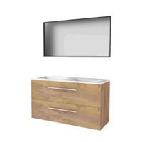 Basic-Line Framed 46 Badkamermeubelset - 120 x 46 cm - Met Grepen - 2 Lades - Acryl Wastafel - Zonder Kraangat - Spiegel met Zwart Aluminium Frame - Whisky Oak - thumbnail