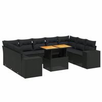 10-delige Loungeset met kussens poly rattan zwart - thumbnail