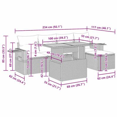 6-delige Loungeset met kussens poly rattan zwart