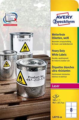 Avery-Zweckform L4715-20 Folie-etiketten 67.7 x 99.1 mm Polyester folie Wit 160 stuk(s) Permanent hechtend Laser (kleur), Laser (zwart/wit), Kopiëren (kleur),