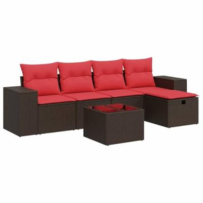 6-delige Loungeset met kussens poly rattan bruin