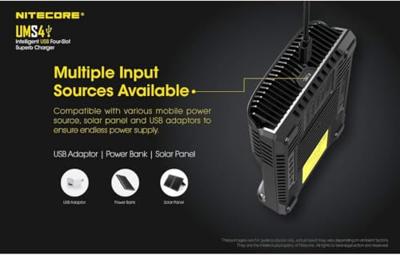NiteCore UMS4 Batterijlader NiCd, NiMH, Li-ion, Li-poly 10440, 10500, 12500, 12650, 13500, 13650, 14500, 14650, 16340, 16650, 17335, 17355, 17500, 17650,
