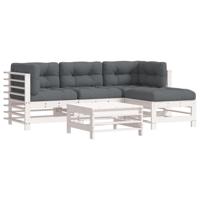 5-delige Loungeset met kussens massief hout wit - thumbnail