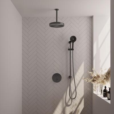 Brauer Stripe thermostatische inbouw regendouche 3-weg rond SET 48 met 25 cm douchekop en plafondarm en 3-standen handdouche en doucheslang en geintegreerde glijstang gunmetal geborsteld PVD