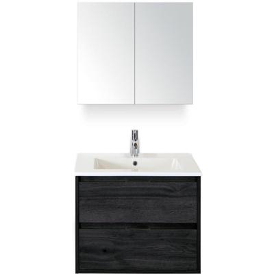 Porto Badmeubelset 70 cm - Black Oak - Keramische Wastafel Wit Slim met Spiegelkast