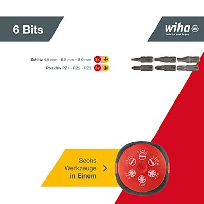 Wiha 380104 Schroevendraaier met bitmagazijn magnetisch sleufkop, Pozidriv met 6 bits, Stubby, 1/4" - 33764 - thumbnail