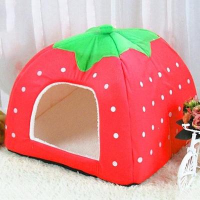 Aardbei vormige opvouwbare korte pluche huisdier huis nest maat: XS