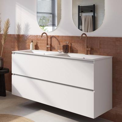 Saqu Terra badmeubel incl. dubbele glans witte keramische wastafel 141x51x66cm super wit mat