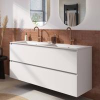 Saqu Terra badmeubel incl. dubbele glans witte keramische wastafel 141x51x66cm super wit mat - thumbnail