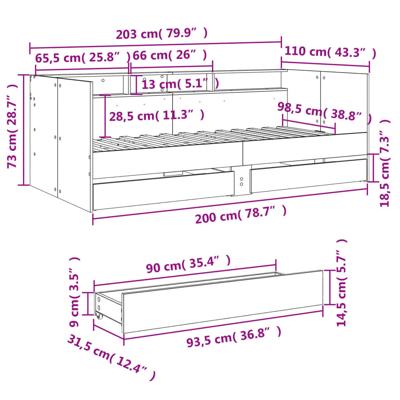 Slaapbank met lades zonder matras 100x200 cm betongrijs