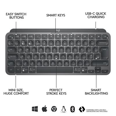 Logitech Wireless Keyboard - MX Keys Mini - GRAPHITE - Compact, Bluetooth, verlicht voor MAC, iOS, Windows, Linux, Android