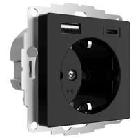 USB en USBC lader 15W 3A glanzend zwart RAL9005 voor een 40mm diepe doos met stopcontact - thumbnail