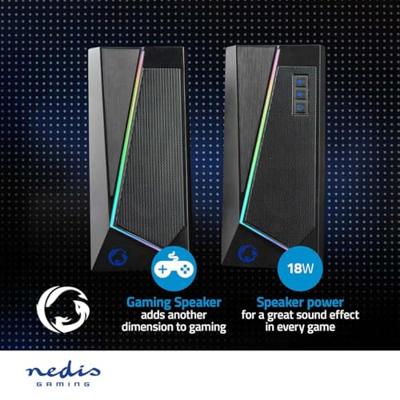 Nedis Gaming Speaker | Speaker-kanalen: 2.0 | USB Gevoed | 3,5 mm Male | 18 W | LED | Volumebediening - GSPR31020BK