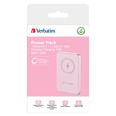Verbatim Charge n Go Magnetic Wireless Powerbank 10000 mAh Fast Charge, Quick Charge 3.0, USB PD 3.0, Adaptive Fast Charge LiPo USB-C Pink