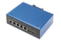 DIGITUS Netwerk Switch - 6-poorts Gigabit Ethernet - 4x RJ45 + 2x SFP - IP40 - L2 managed - 10/100/1000 Mbit/s - DIN rail montage - industriële serie - zwart/blauw - thumbnail