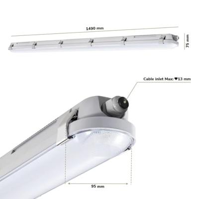 F04 LED TL armatuur met bewegingssensor 150cm - 60 Watt 7800 lumen (130lm/W) - CCT instelbare lichtkleur - Instelbare Osram Transformator - Vervangt 500W - Koppelbaar - IK08 - IP66 waterdicht