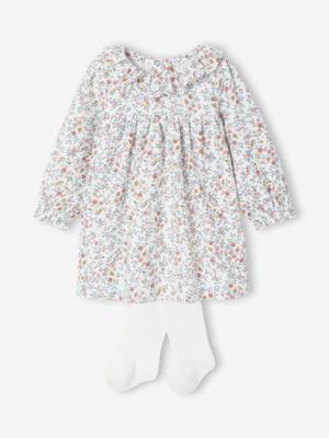 Babypakje met jurk met bloemenprint + panty's ecru