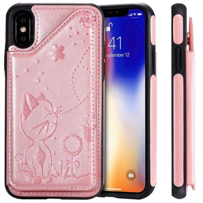Voor iPhone XS kat Bee reliëf patroon schokbestendige beschermende case met kaartsleuven & fotolijstjes (Rose goud) Voor iPhone XS kat Bee reliëf patroon schokbestendige beschermende case met kaartsleuven & fotolijstjes (Rose goud)