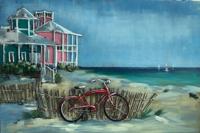 Schilderij - Metaalschilderij - Met de fiets naar het strand, 120x80cm, 3D art - thumbnail