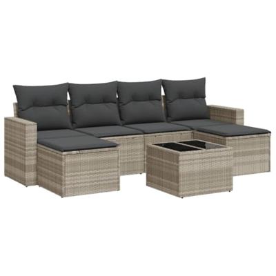 7-delige Loungeset met kussens poly rattan lichtgrijs