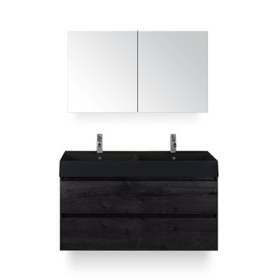 Maxx XL Badmeubelset 120 cm - Black Oak - Wastafel Kube Dubbel Zw 2 kraangaten - met Spiegelkast