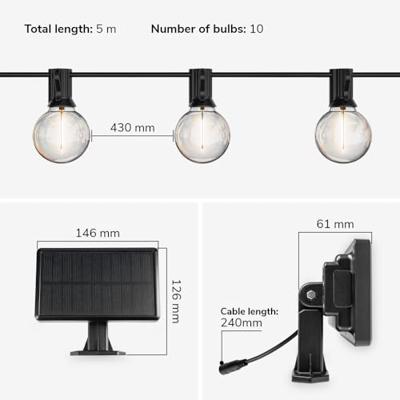 Solar String Light 5m - G40 Filament lampen - 2700K Warm wit - IP44 Waterdicht - 4 Lichtmodi - 300 Lumen