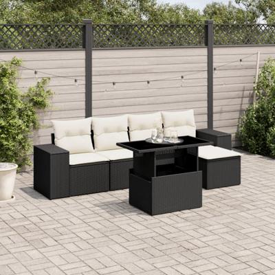 6-delige Loungeset met kussens poly rattan zwart