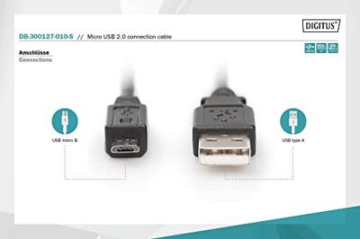 DIGITUS USB 2.0 aansluitkabel - 1.0 m - USB A (St) naar USB Micro B (St) - 480 Mbit/s - Blister - Zwart